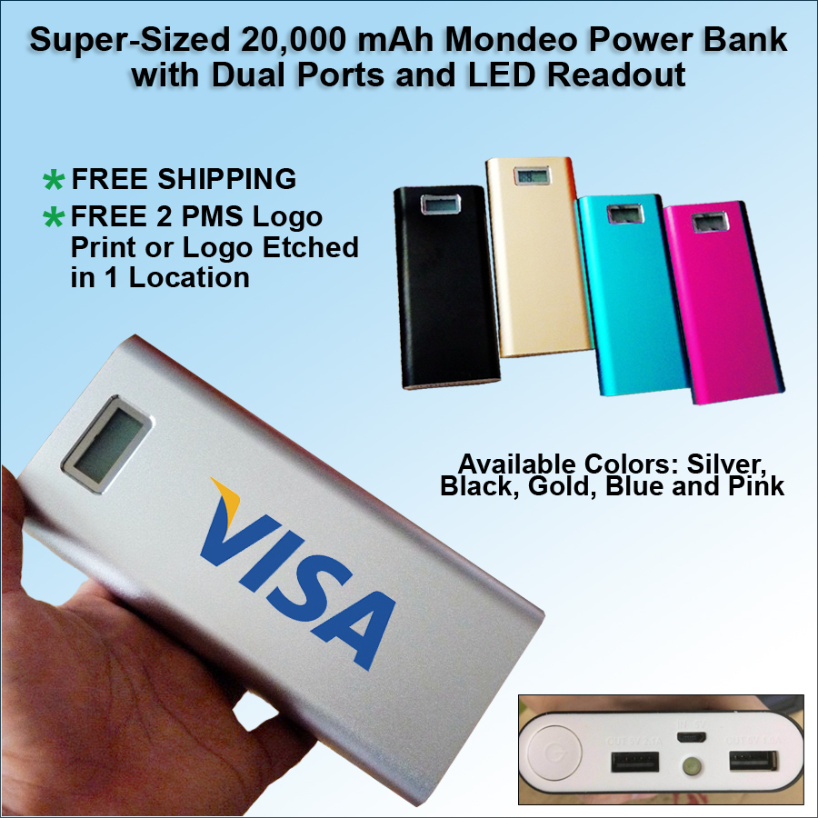 Mondeo 20000 mAh Power Bank with Dual Ports and LED Readout