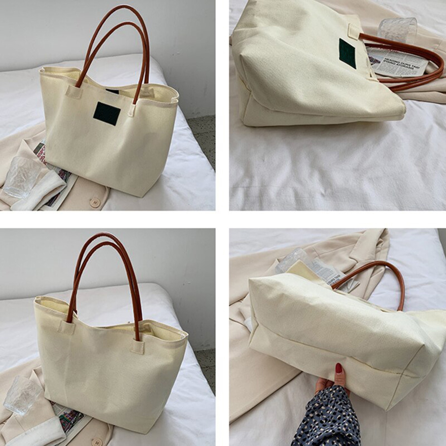 Women Canvas Tote Bag With Leather Handle 2