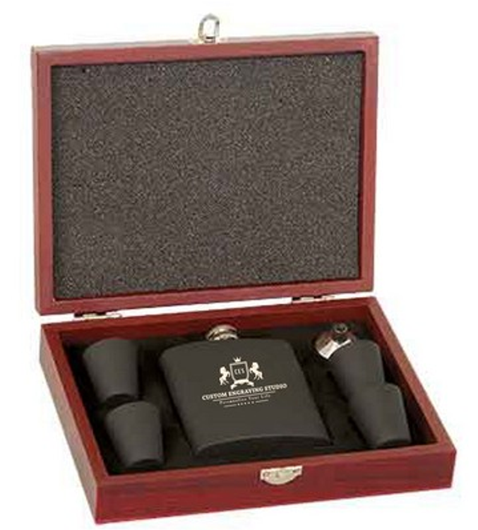 6 Oz. Matte Black Flask Set in Wood Presentation Box