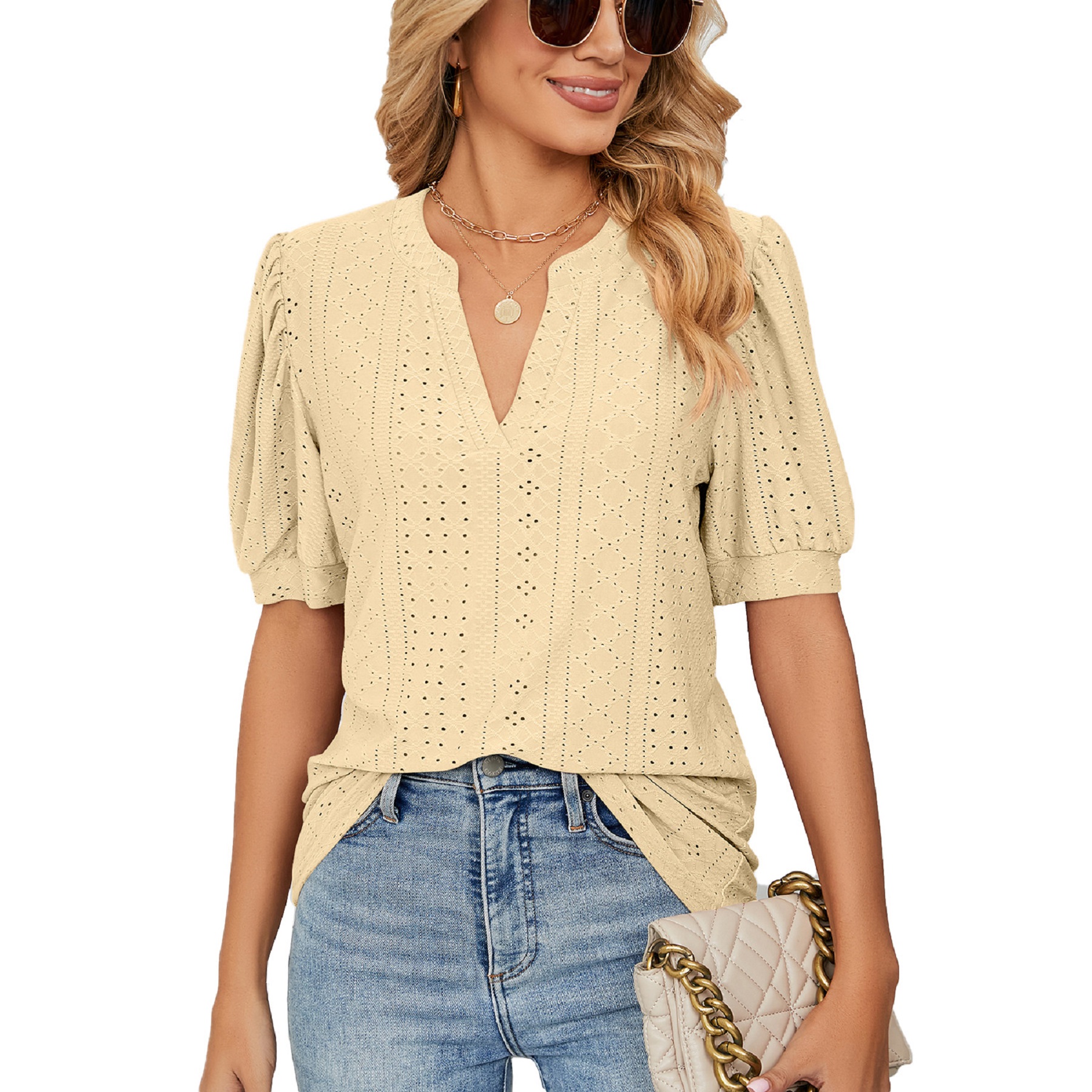 Women's Casual V Neck Solid Color Hollow Short Sleeve 12