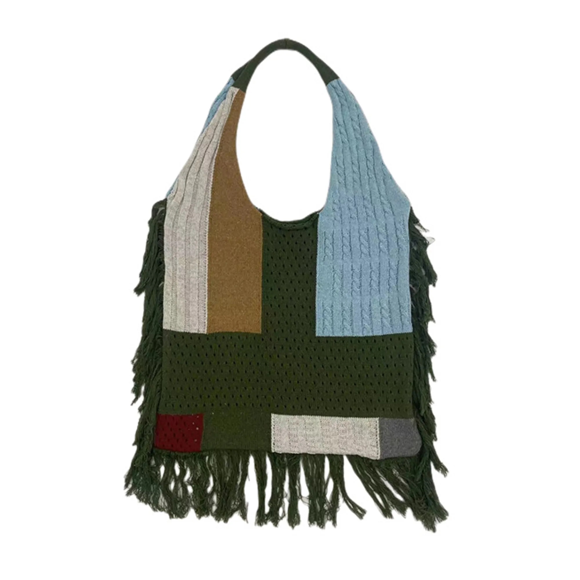 Tassel Patchwork Knitted Tote Bag 3