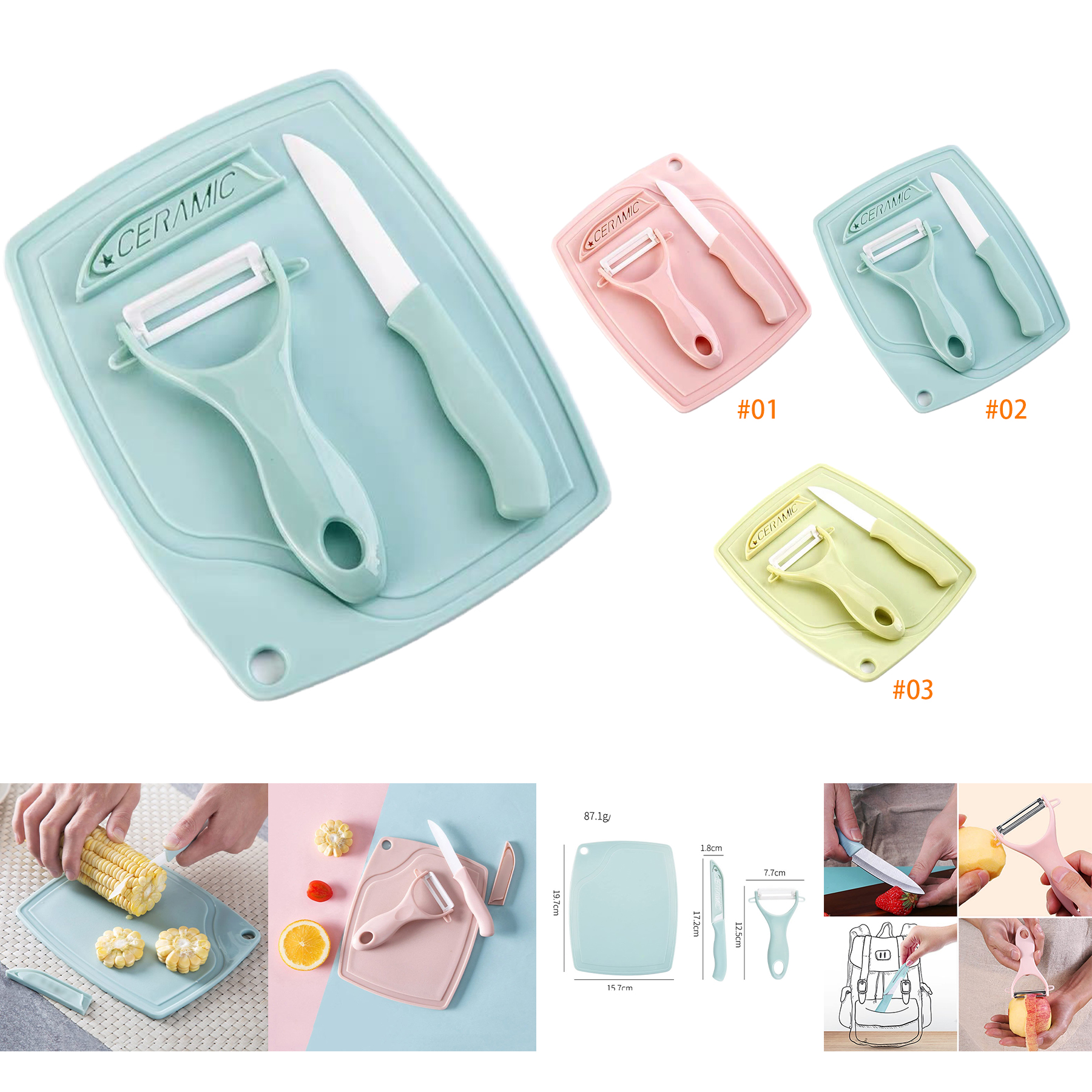 Cutting Board Kitchen Ceramic Fruit Knife Set 2