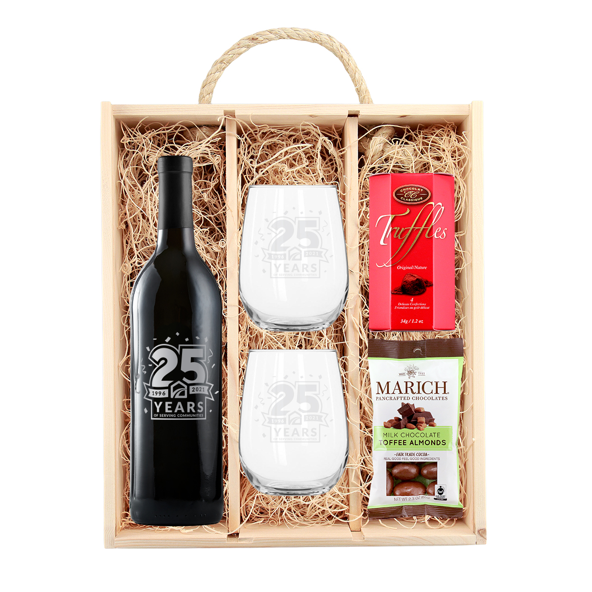 Rustic Laser-Engraved Wood Box w/ Etched Wine, Etched Glasses & Chocolates