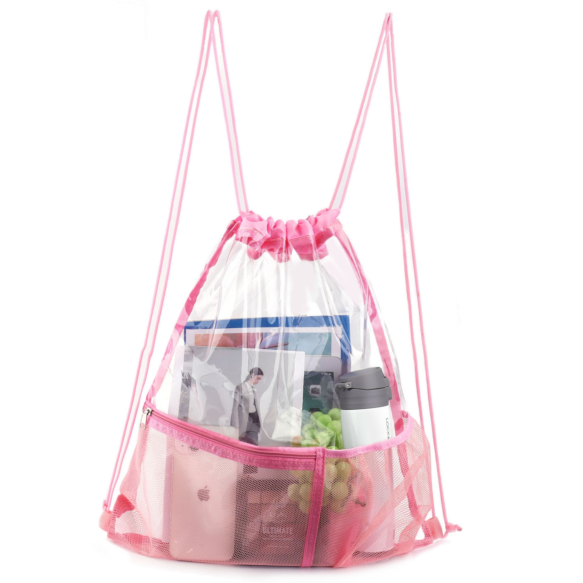 Clear PVC Drawstring Backpack Bag with Front Zipper Mesh Pocket 7