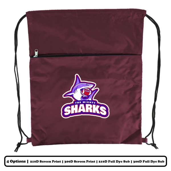 Polyester Drawstring Bag w/ Horizontal-Zip Pocket w/ Custom 2