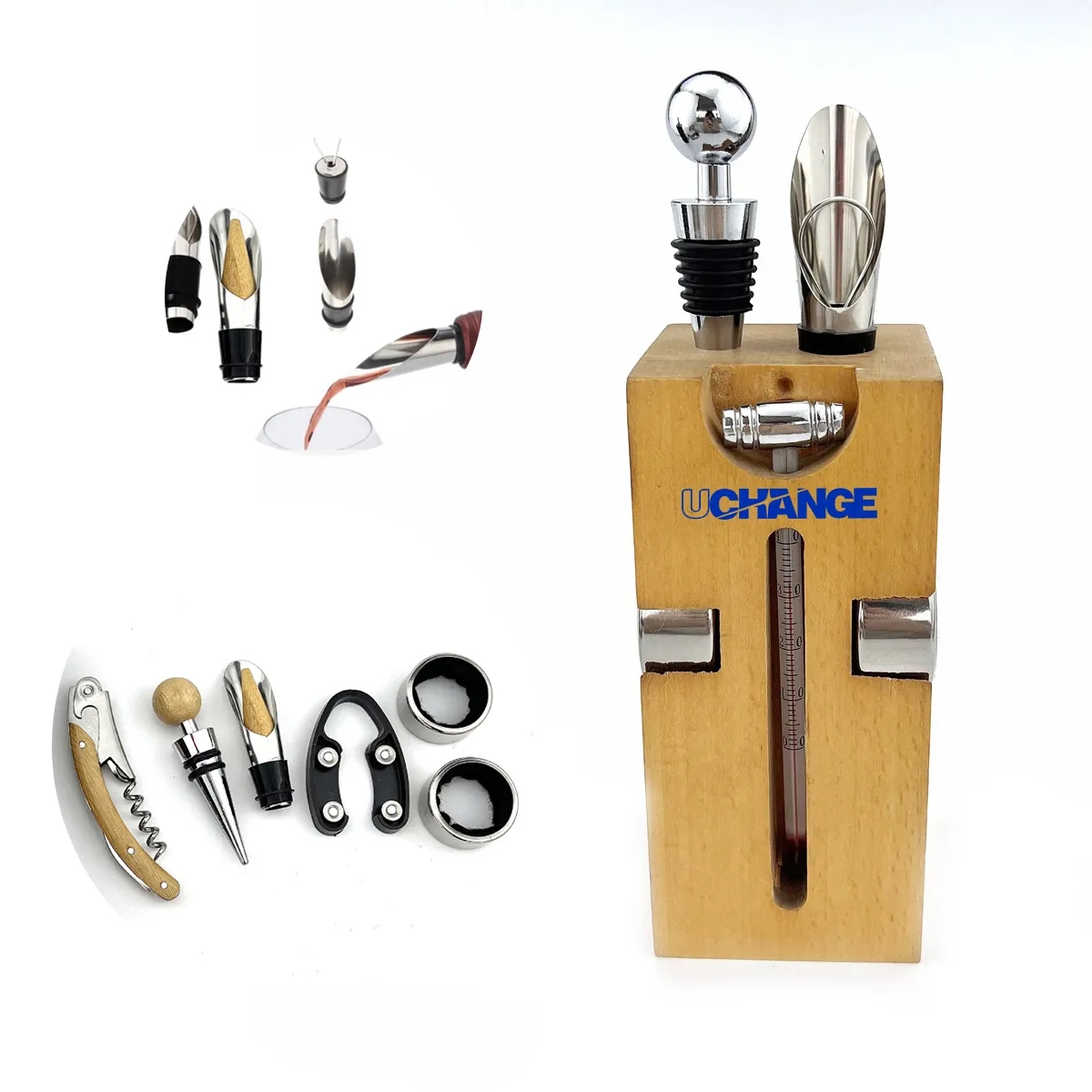 Bamboo Wine Tool Set With Corkscrew Stopper Pourer 2