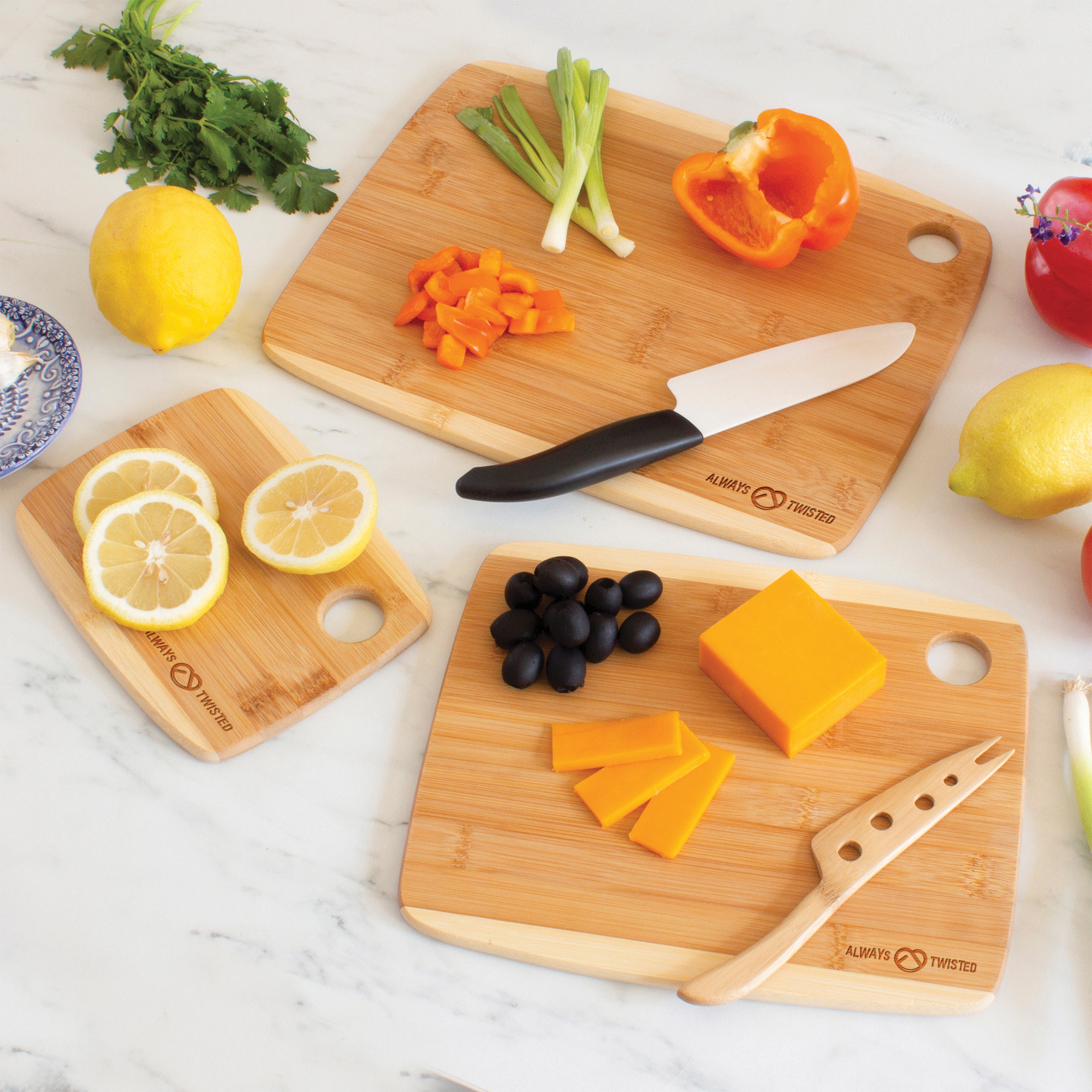 3-Piece Two-Tone Bamboo Serving and Cutting Board Set, 14" x 11" x 3/8", 11" x 9" x 3/8", and 8" x 6 4