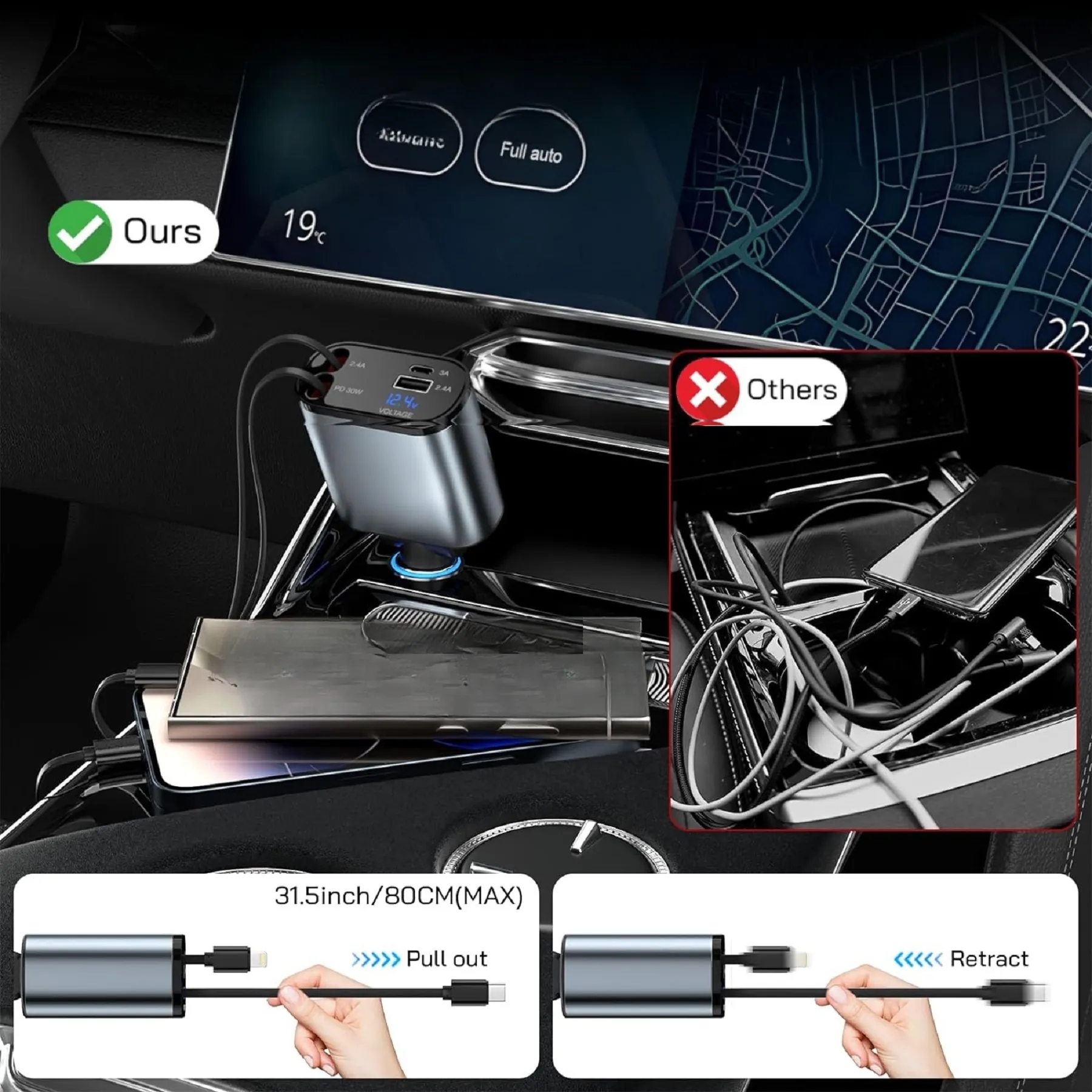 120W 4 in 1 Retractable Car Charger 3