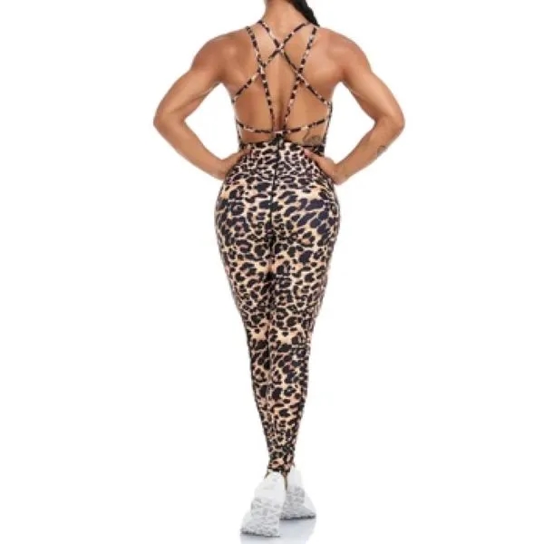 Women's Leopard Print Backcross Yoga Set One-Piece Jumpsuit 1