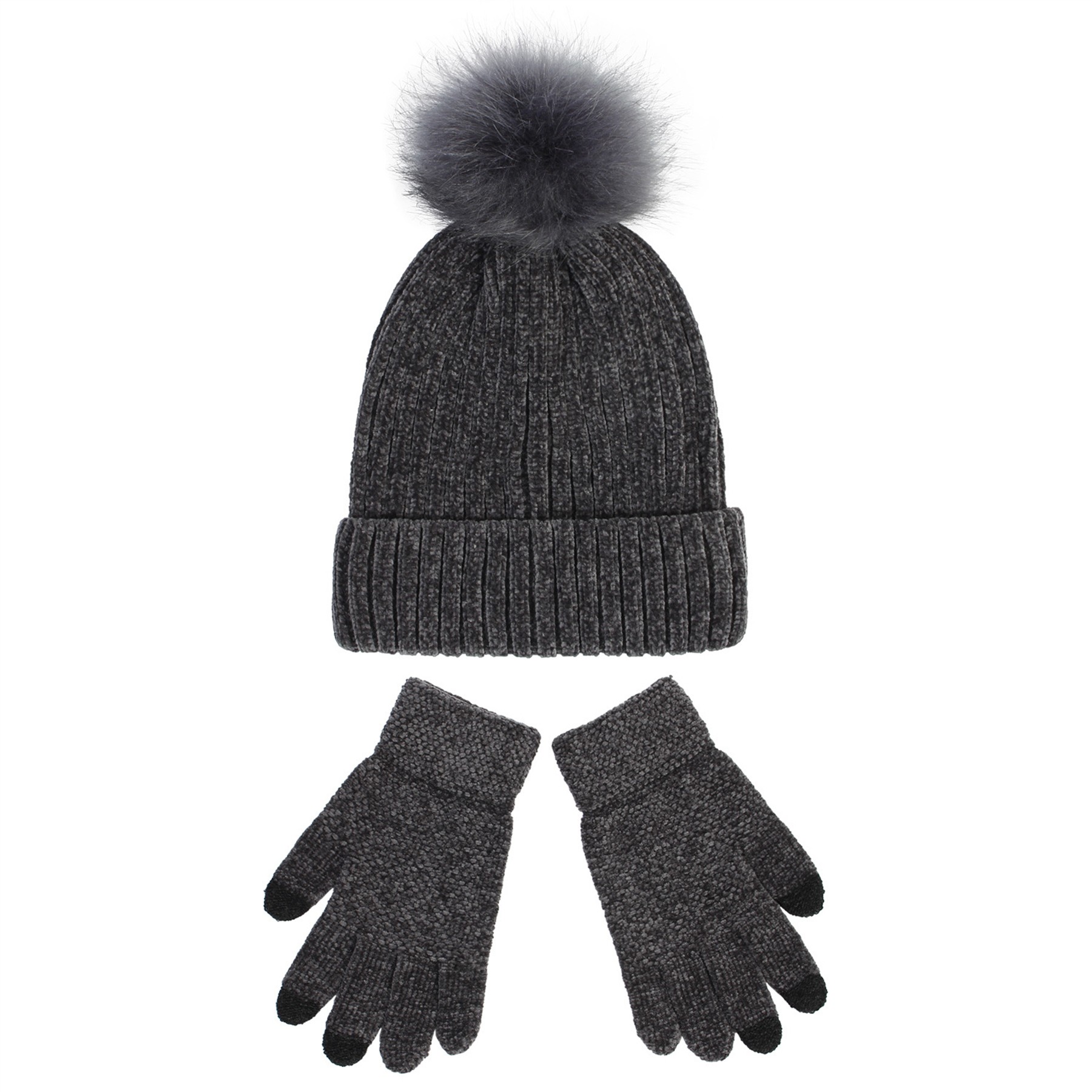 2PCS Chenille Pom Pom Beanie Gloves Set 1