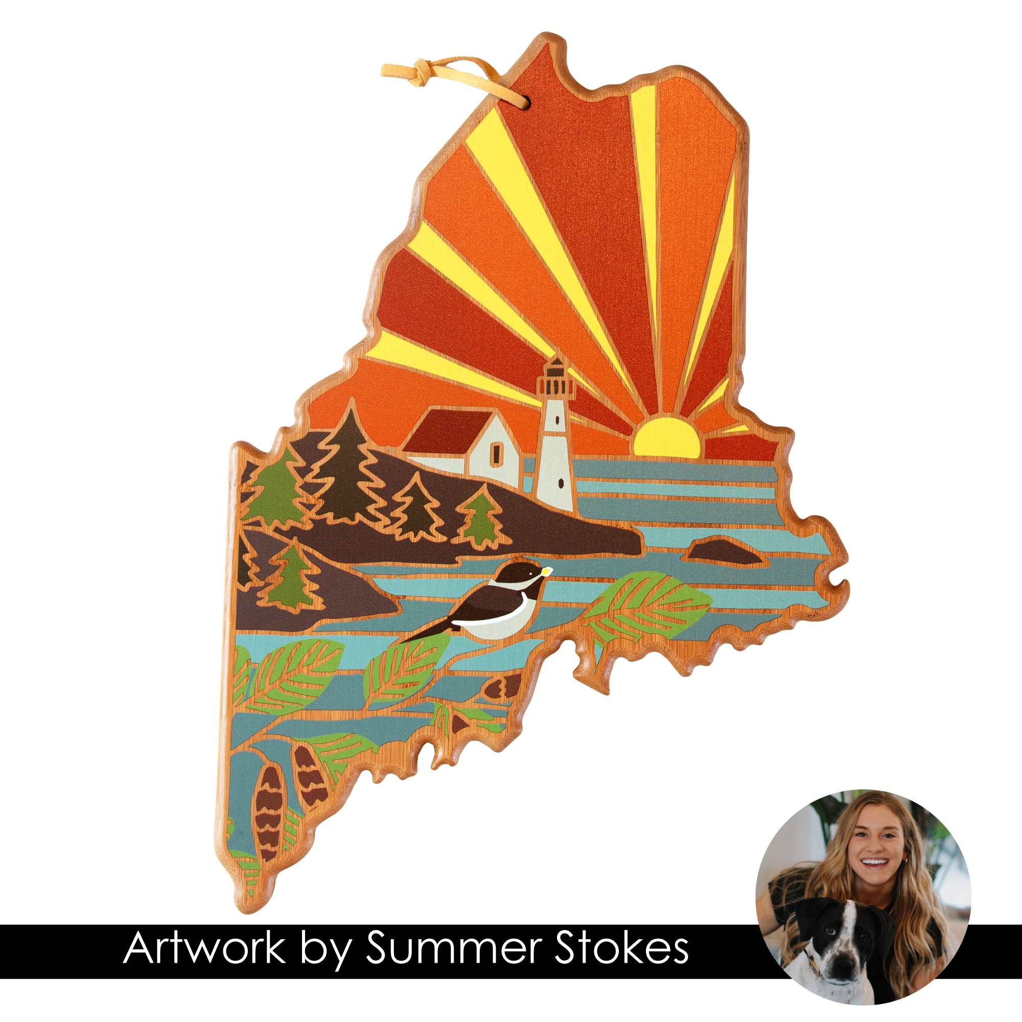 Maine State Shaped Serving and Cutting Board with Artwork by Summer Stokes 7