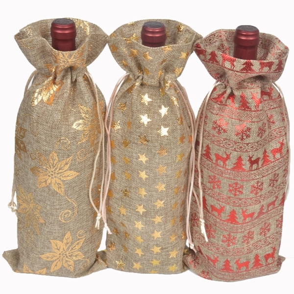 Jute Christmas Drawstring Wine Bags 2