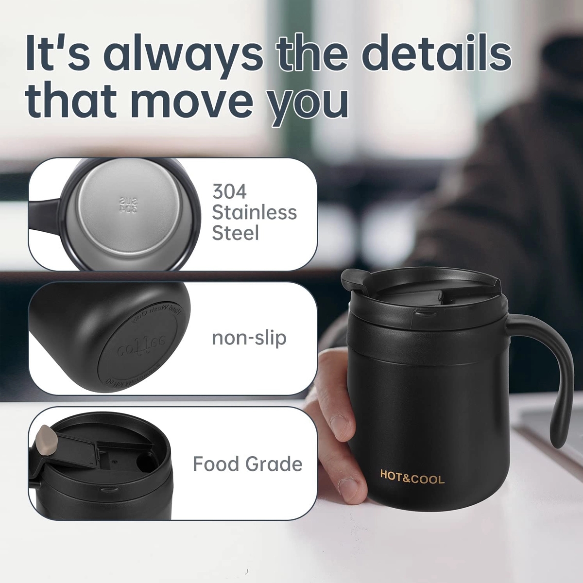 12Oz Reusable Stainless Steel Coffee Mug With Handle Lip 3