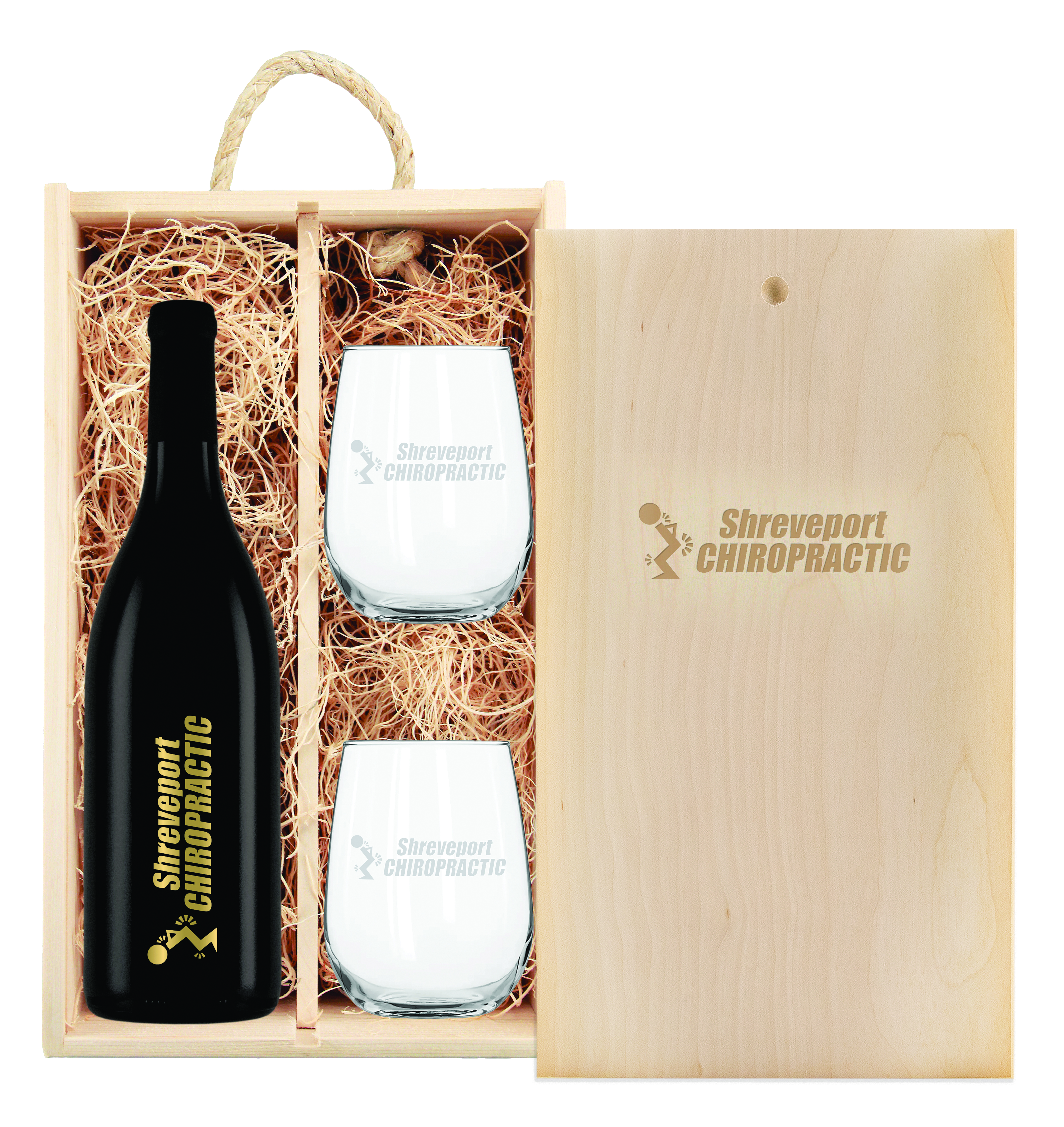 Laser-Engraved Wood Box w/Custom Etched Pinot Noir Wine Bottle + Glasses 1