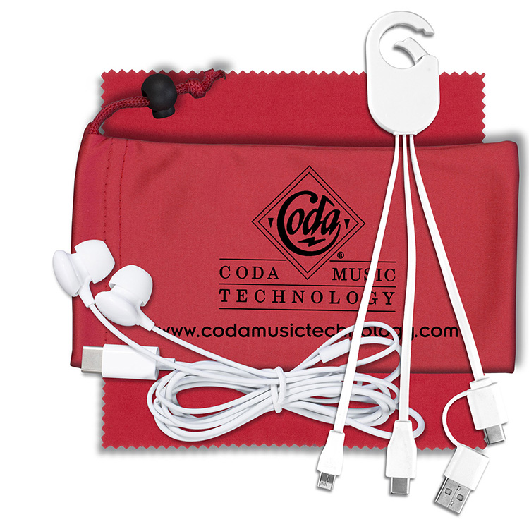 Mobile Tech Charging Kit with Earbuds in Microfiber Cinch Pouch Components inserted into Microfiber 9