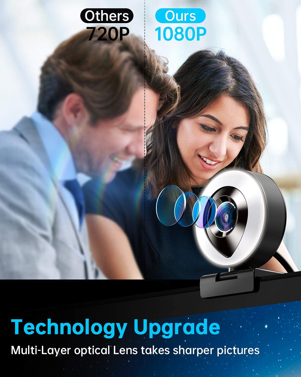 1080P HD Webcam Built in Touch Adjustable Ring Light Camera 2