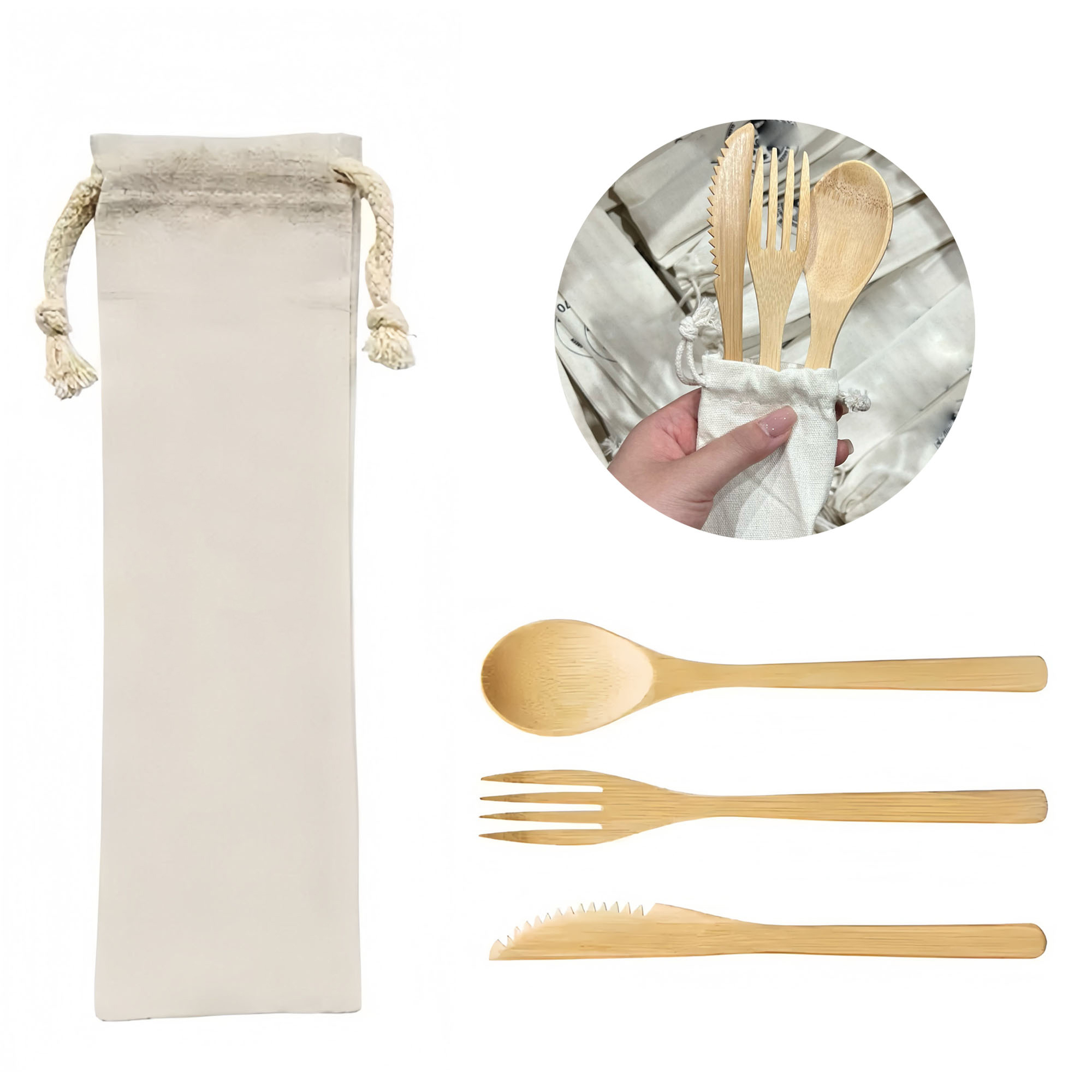Bamboo Utensil Set with Cotton Drawstring Pouch 6
