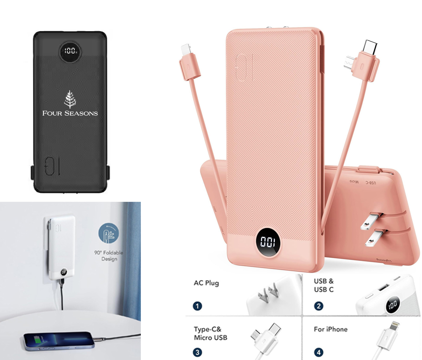 iBank ® Power Bank with Built-In Cables, Retractable AC Wall Plug, and LED Battery Display, 10000mAh 1