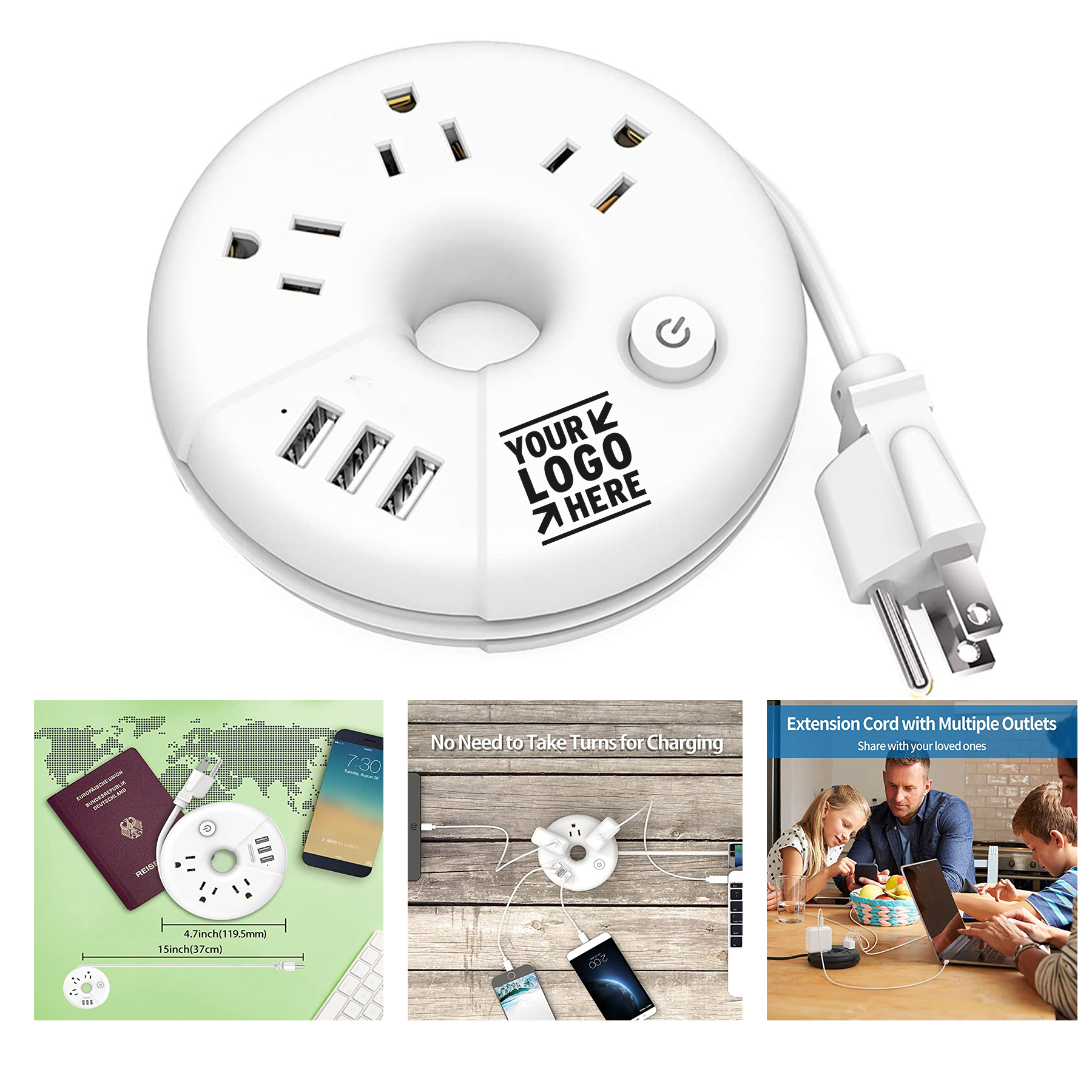 Travel Power Strip 3 USB Outlets Desktop Charging Station