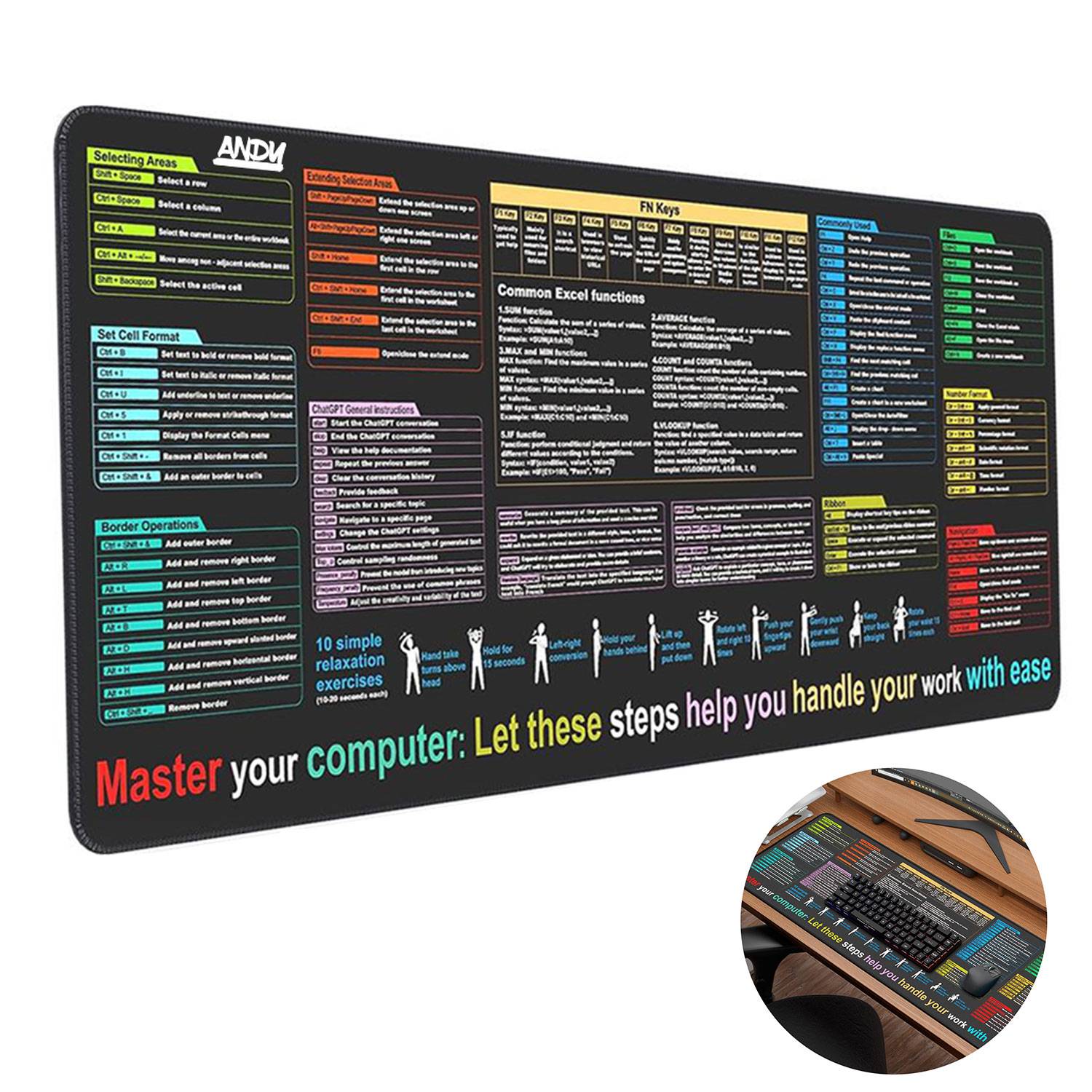 Large Dirt-Resistant Non-Slip Excel Shortcut Mouse Pad 1