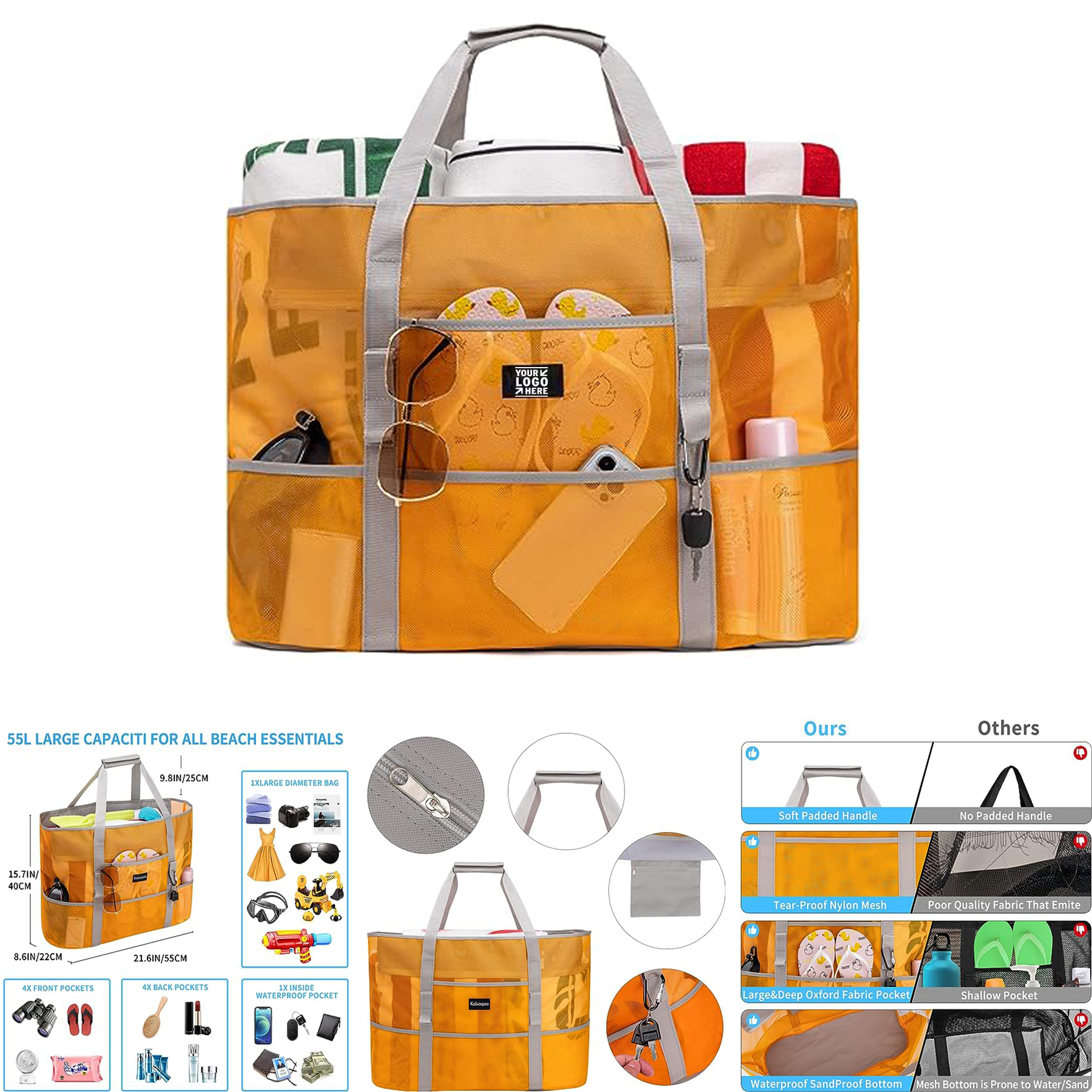 Zipper Waterproof Lightweight Tote 9 Pockets Extra Large Mesh Beach Bag 