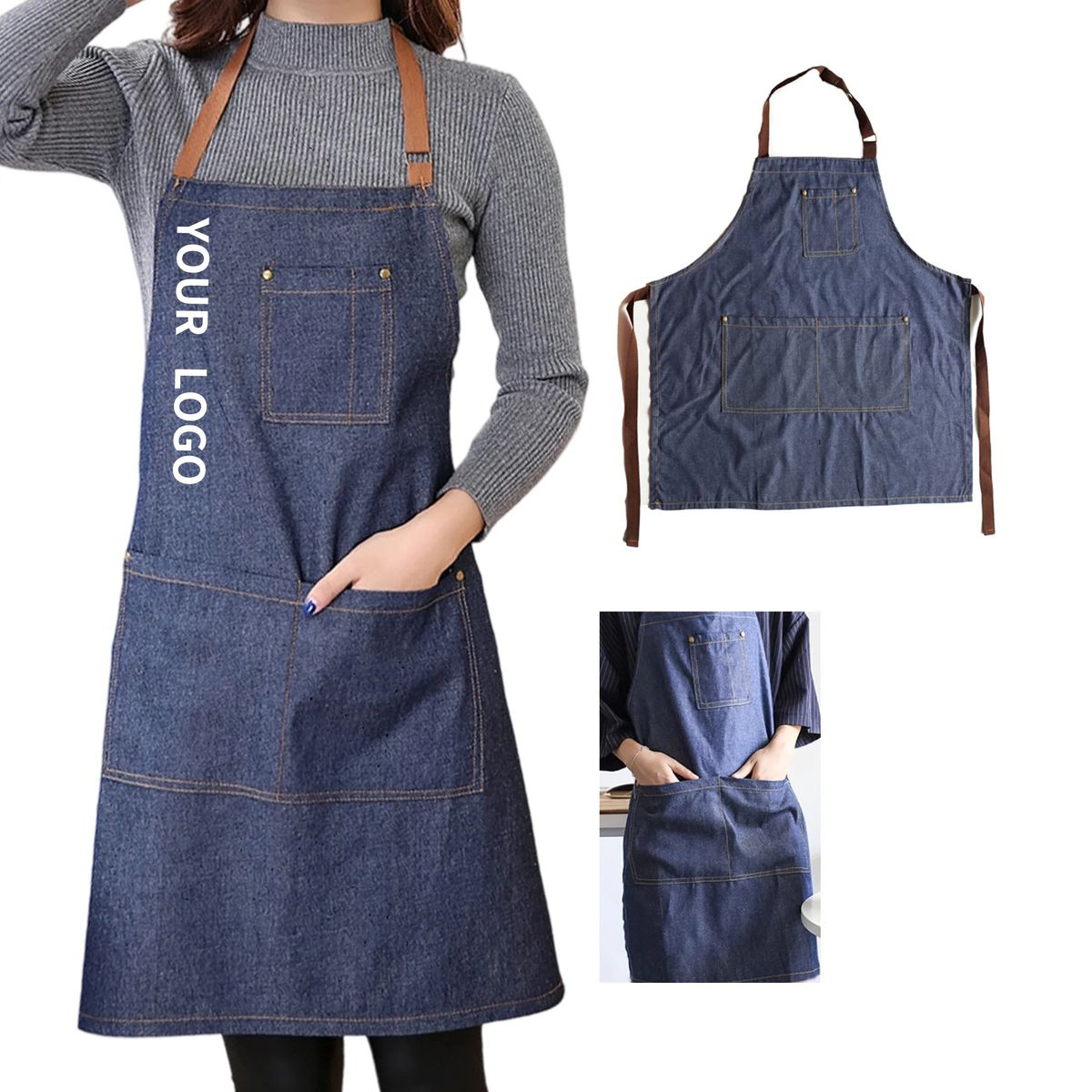 Polyester Denim Apron with Neck Strap and Pockets 2