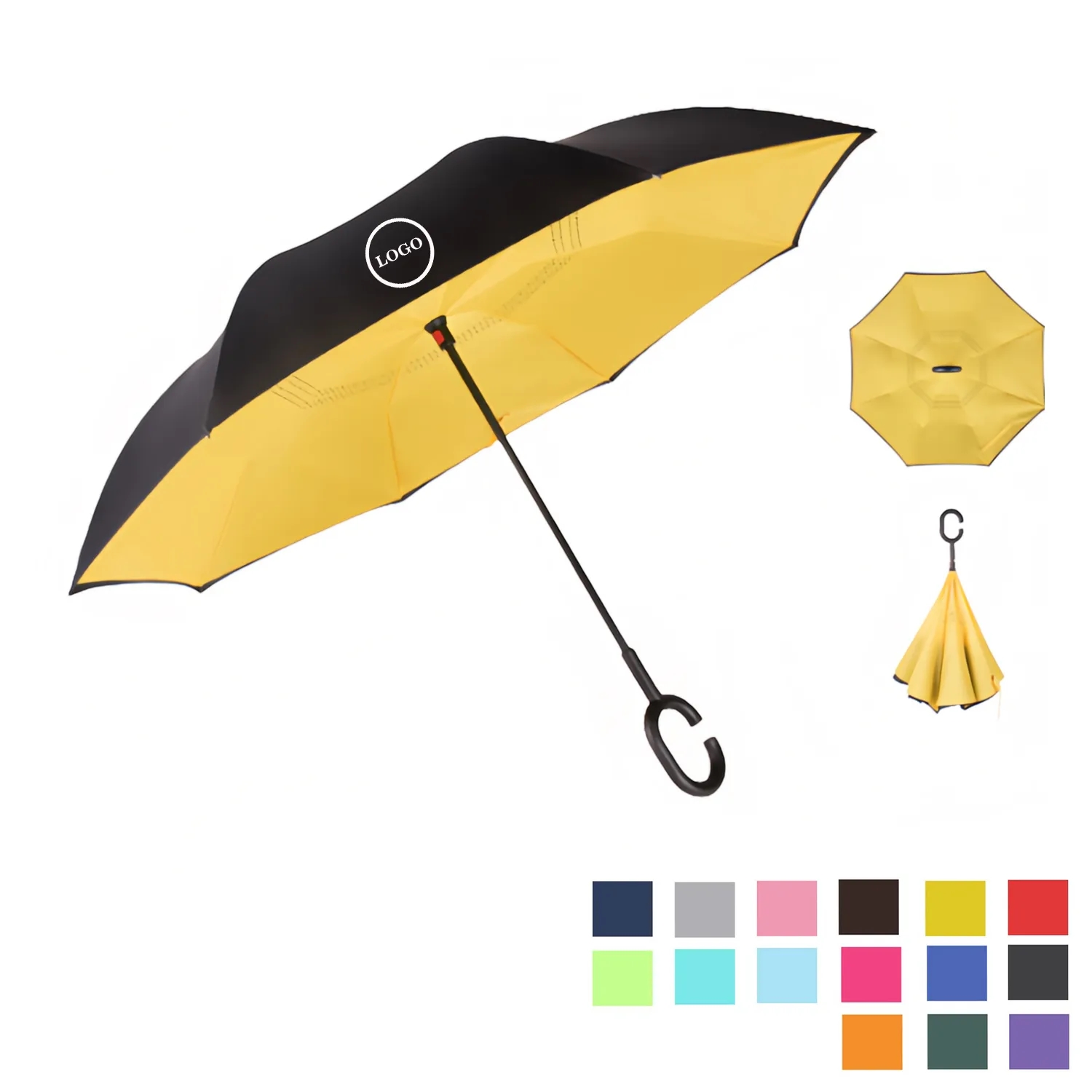 Solid Color Inverted Umbrella with C-Shaped Handle 2