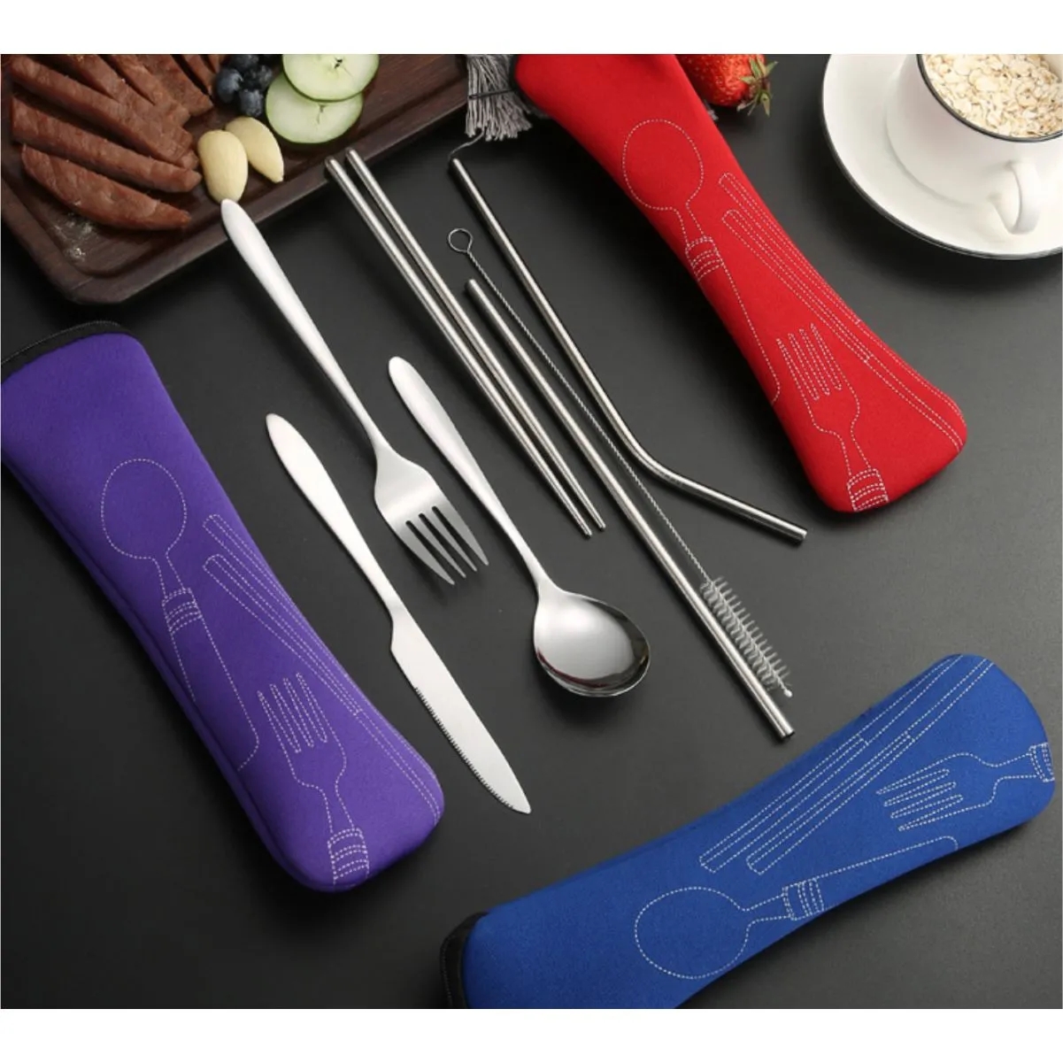Reusable Flatware Sets Knife, Fork, Spoon, Chopsticks, Portable Travel Stainless Steel Tableware 2