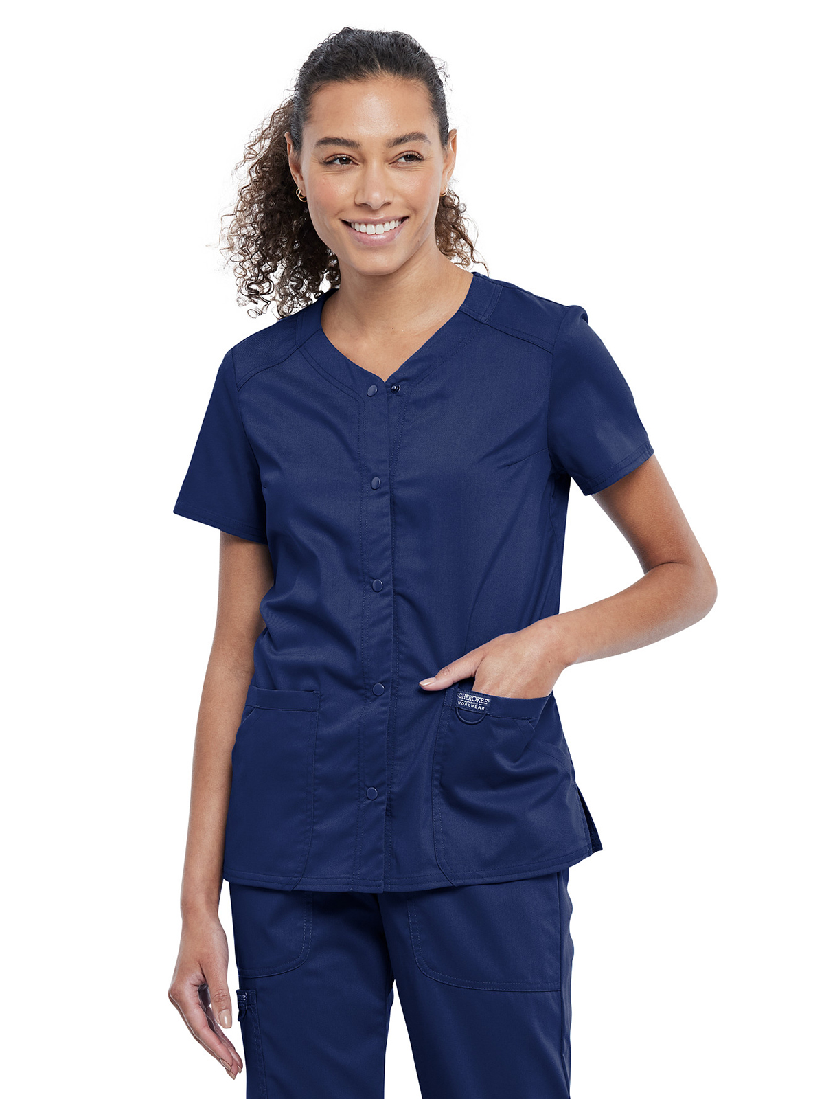 Cherokee - Workwear Revolution - Women's 4-Pocket Snap Front V-Neck Top 9
