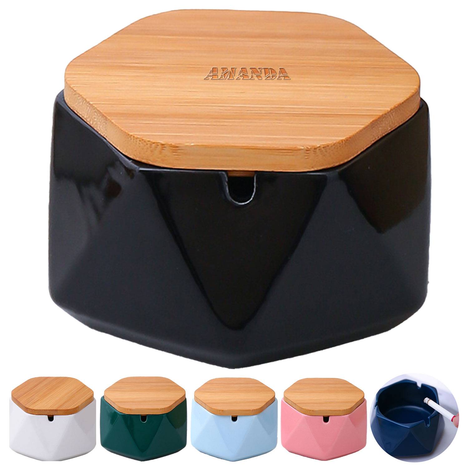 Simple Ceramic Ashtray w/ Bamboo Lid 2