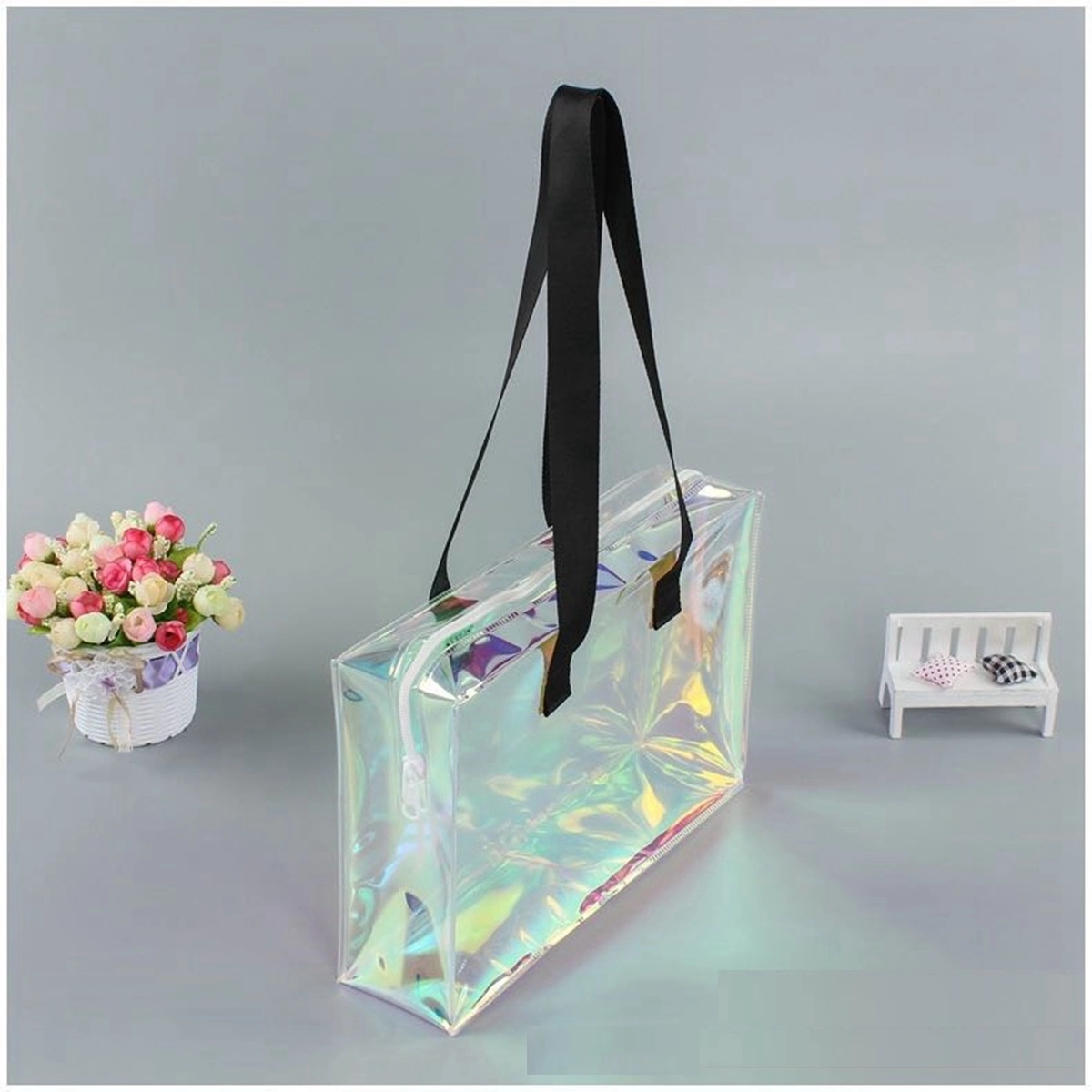Holographic Rainbow Shopping Bag With Zipper (10X4X8 In) 3