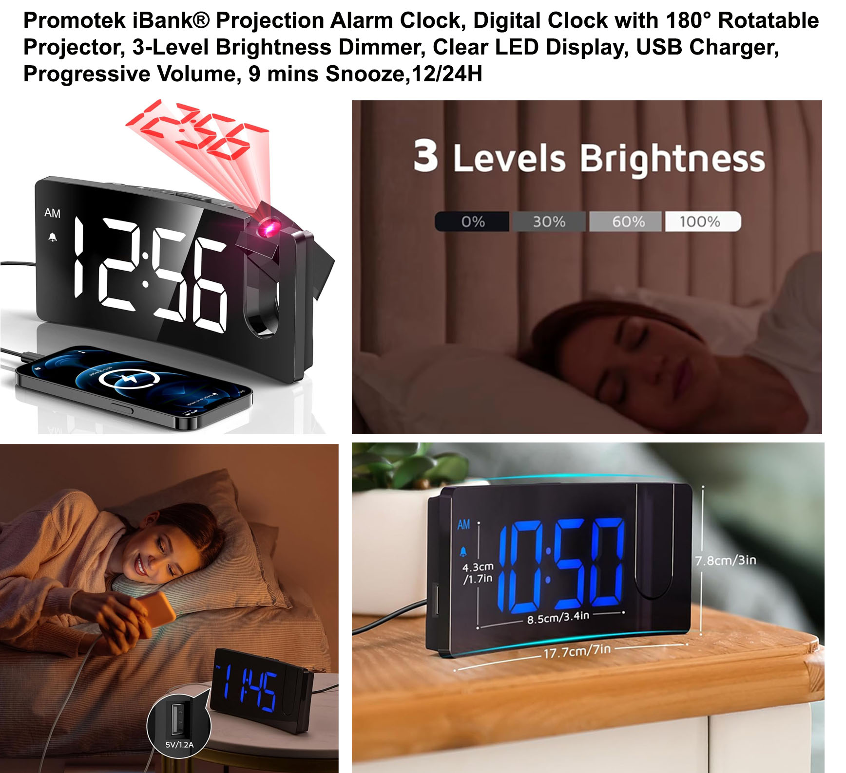 iBank ® Projection Alarm Clock, Digital Clock with 180° Rotatable Projector