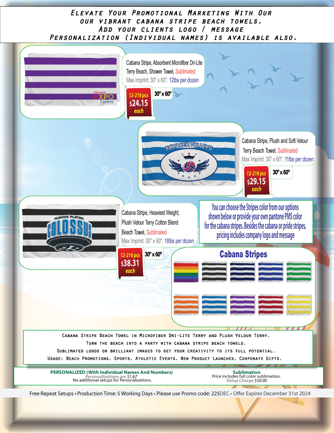 48 Hr Quick Ship - Cabana Stripe Sublimated Plush and Soft Velour Terry Beach Towel, 30x60 18