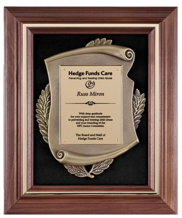 Genuine Walnut Frame Scroll Metal Casting Black Velour Brush Brass Engraving Plate Award