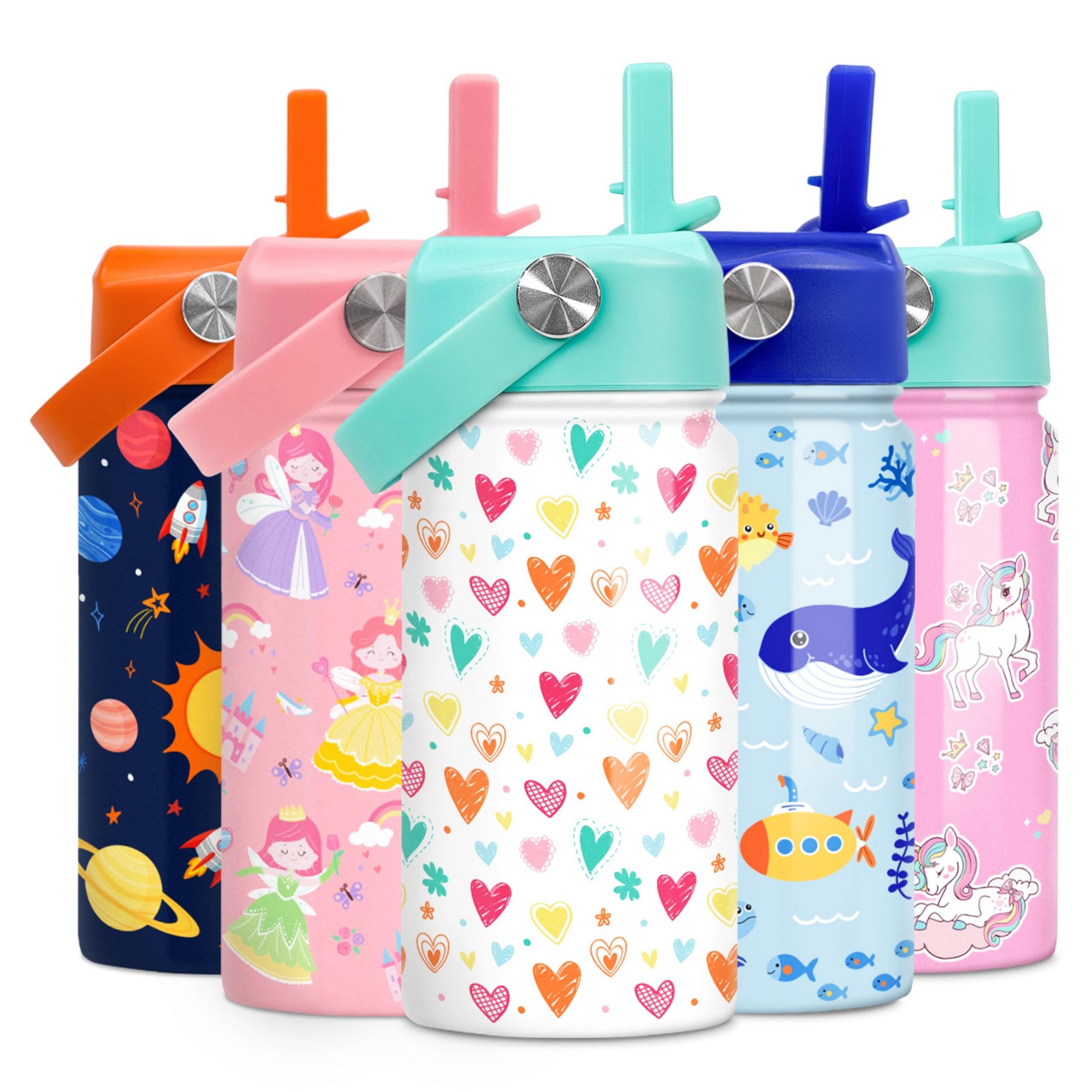 Kids Water Bottle with Straw Lid - 12 Oz Insulated Stainless Steel Heart Water Bottles for Toddlers 2