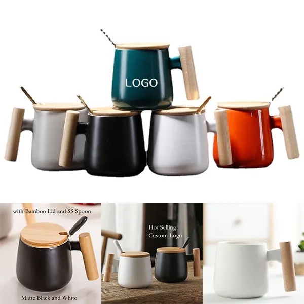 Ceramic Coffee Mug with Wooden Lid 12 oz Capacity 7