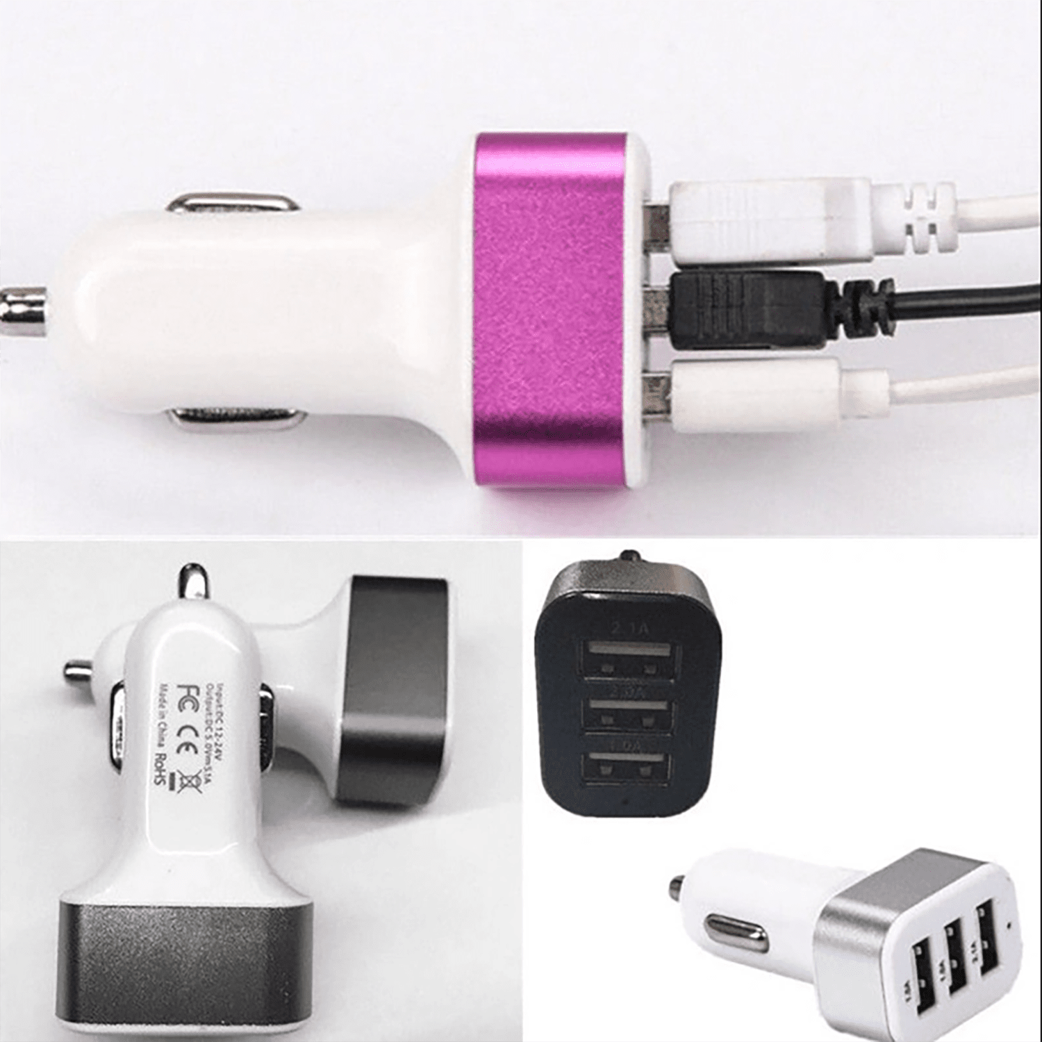 3-port USB car charger 1 Amp fast charging cable 3