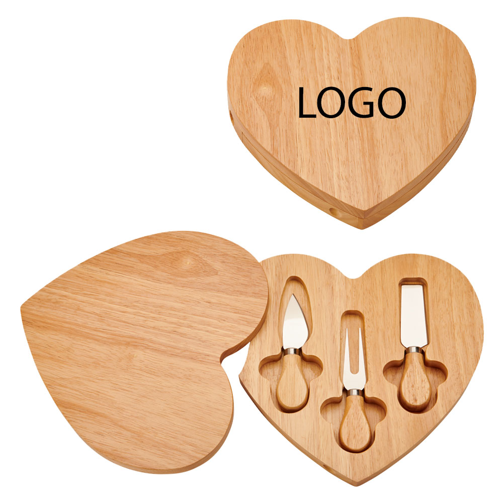 WOOD HEART CHEESE SET WITH 3 WOOD HANDLED UTENSILS 1