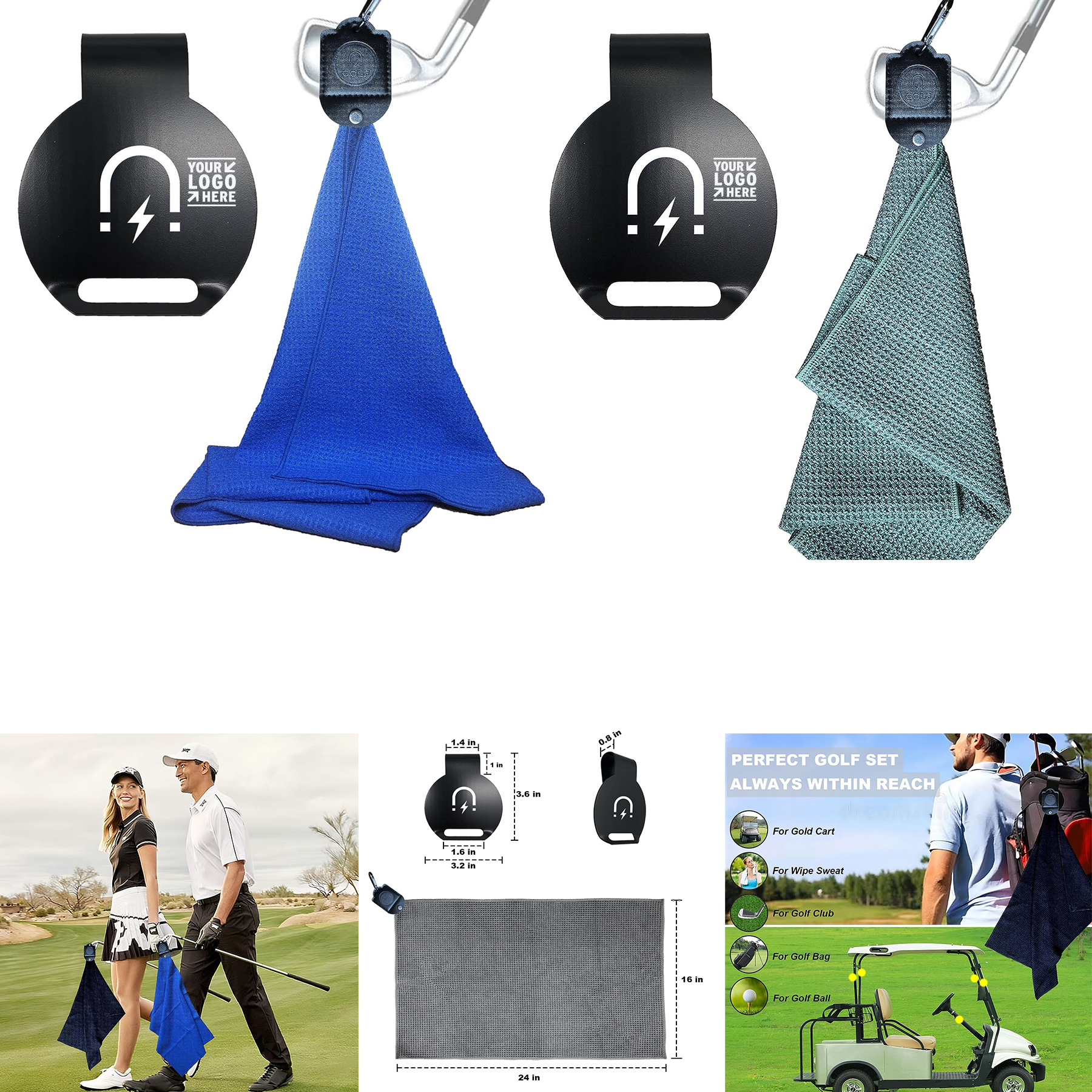 Men Women Strong Magnetic Waffle Pattern Microfiber Fabric Golf Towel with Bag Metal Landing Pad Ki