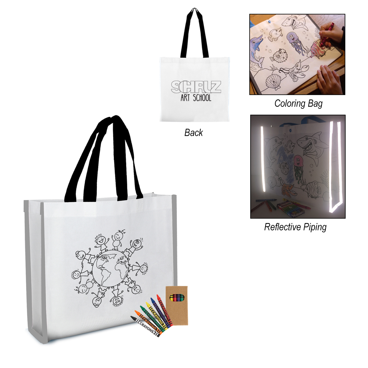 Reflective Non-Woven Coloring Tote Bag With Crayons