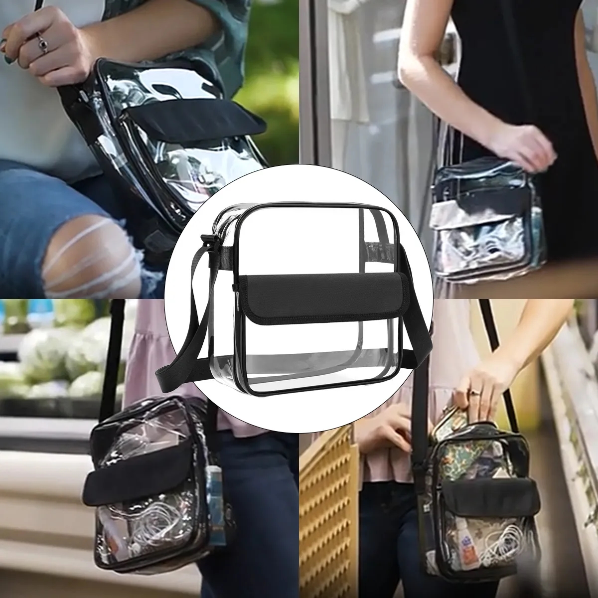 8L Clear PVC Shoulder Bag W/ Flap Closure Adjustable Strap 4