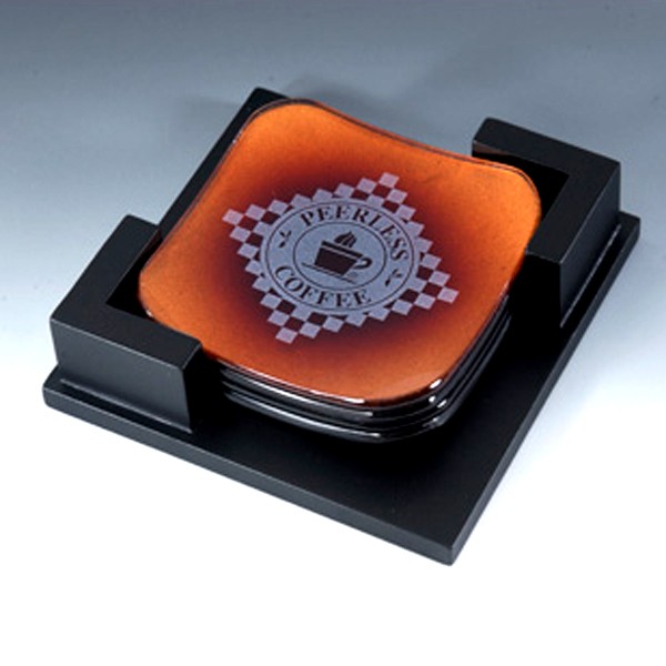 4 Curved Jade Glass - Gold Leaf Design Coasters in Black Wood Holder 2