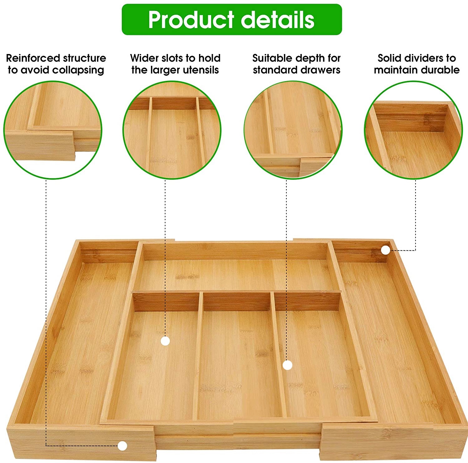 Bamboo Kitchen Silverware Adjustable Drawer Organizer 6Slot 5