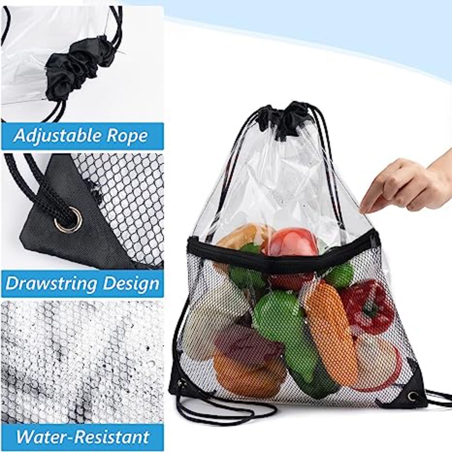 Cinch Sacks Backpack Clear PVC Drawstring Bag with Front Zipper Mesh Pocket 7