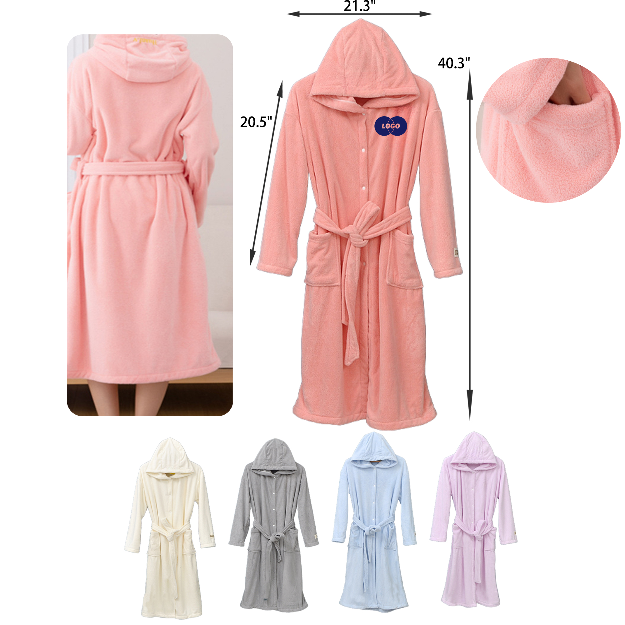 MOQ 25 PCS Warm Coral Fleece Hooded Bathrobe Nightgown 5