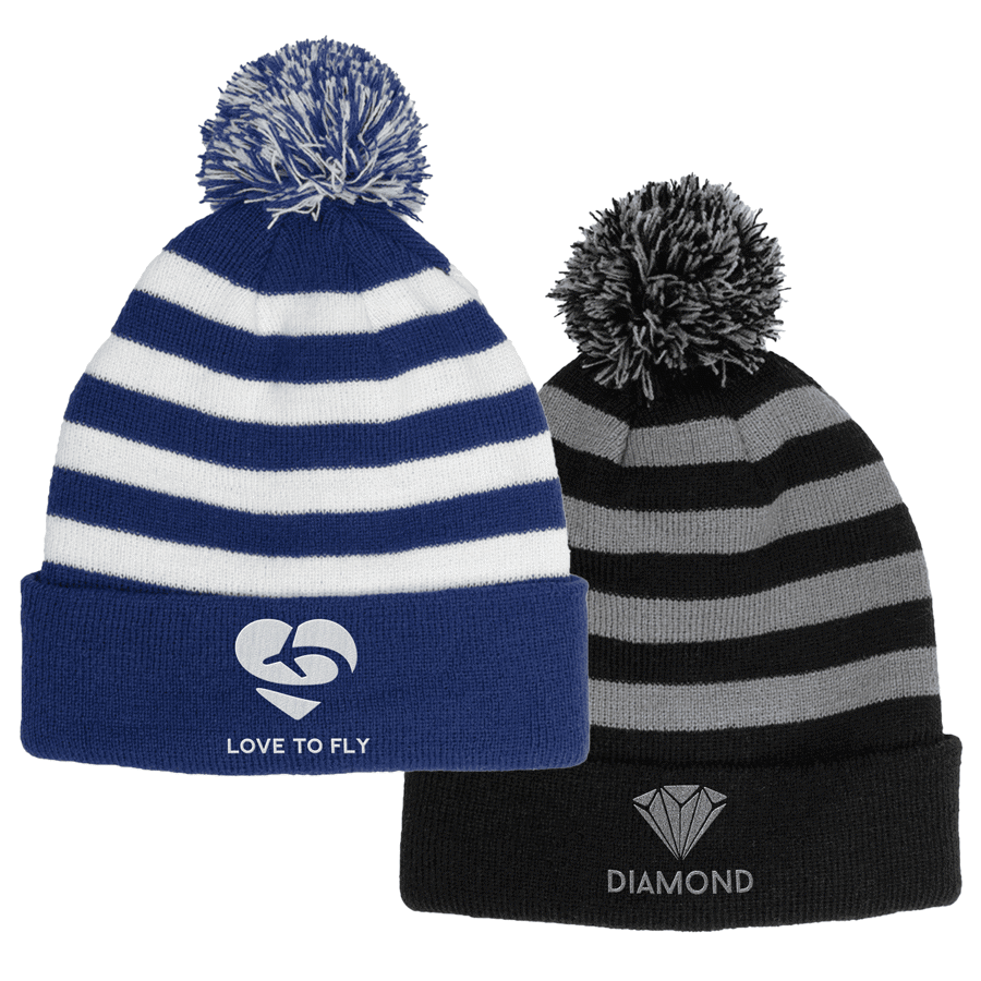 Striped Ribbed Knit Beanie with Pompom 3