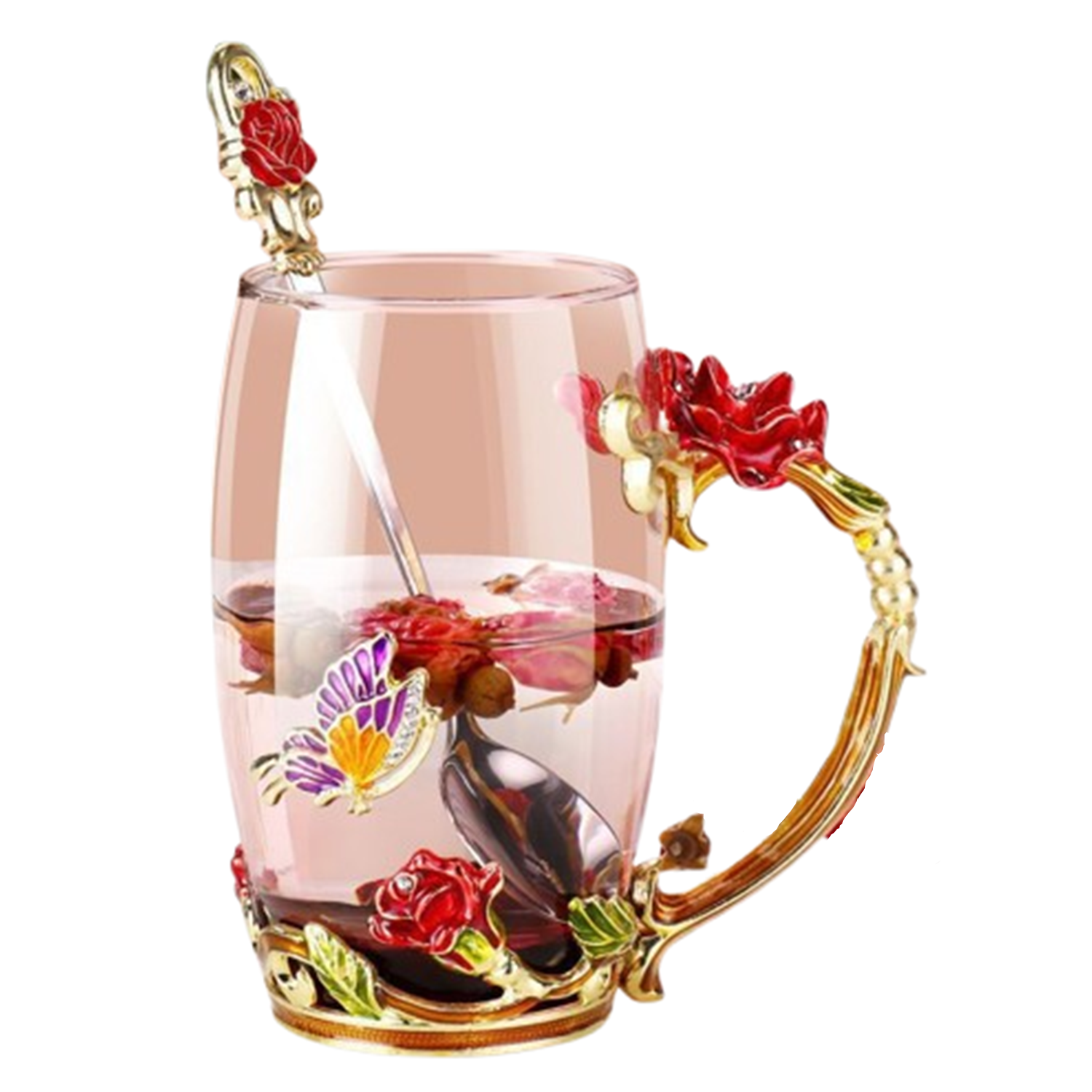 10/11oz Enamel Rose Butterfly Glass Mug Tea Cup w/ Spoon 1