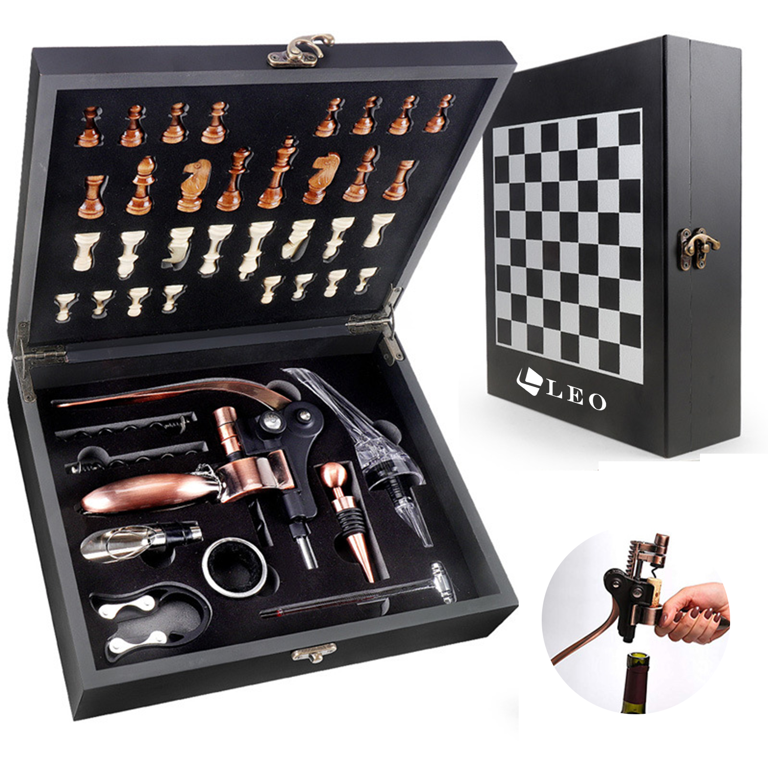 Black Wooden Box Wine Accessories W/ Chess Set 1