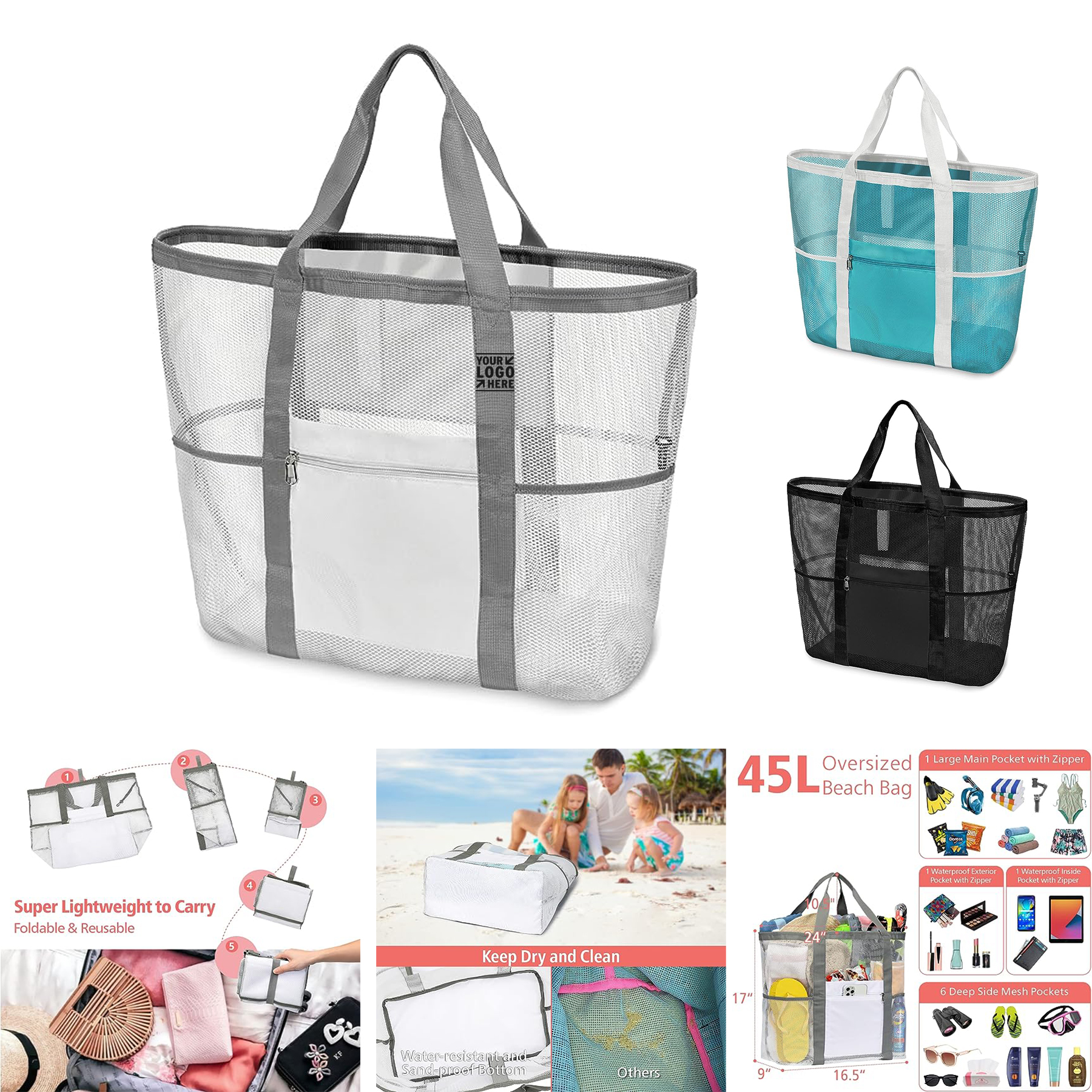 9 Pockets Towel Mesh Tote Oversized Beach Bag