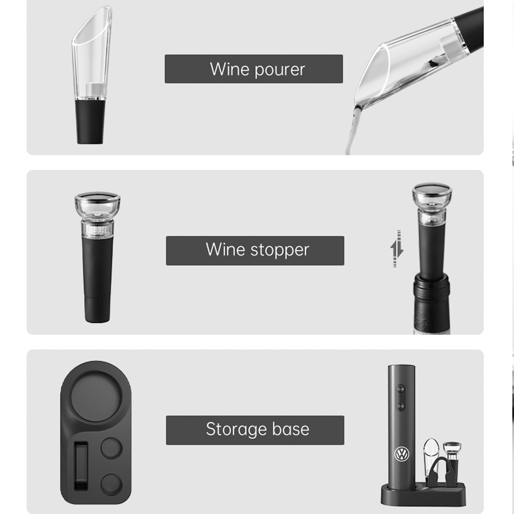 WineVault Electric Wine Opener Set with Pourer, Stopper & Storage Base 9